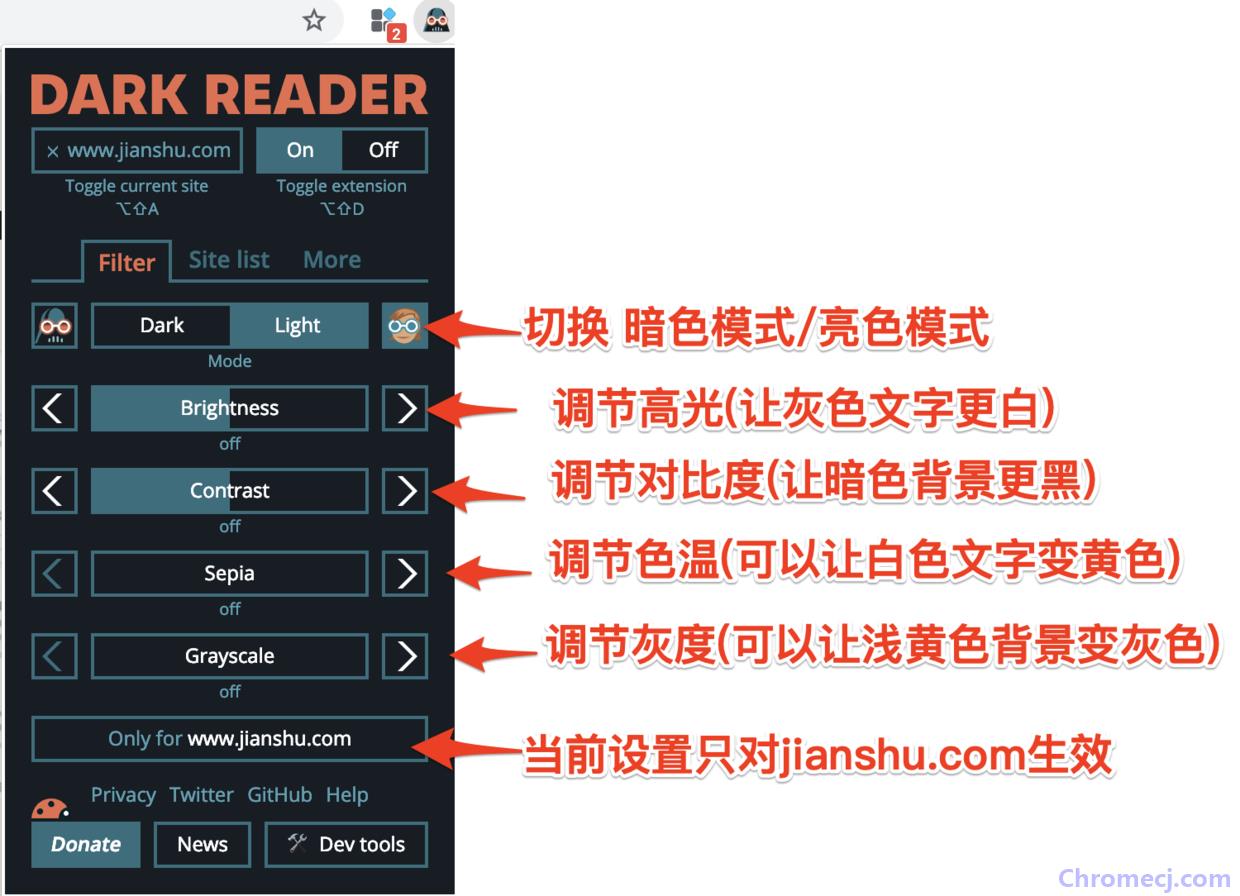 Dark Reader插件使用方法-调节四大参数