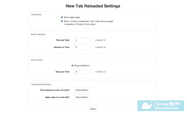 New Tab Reloaded的设置界面